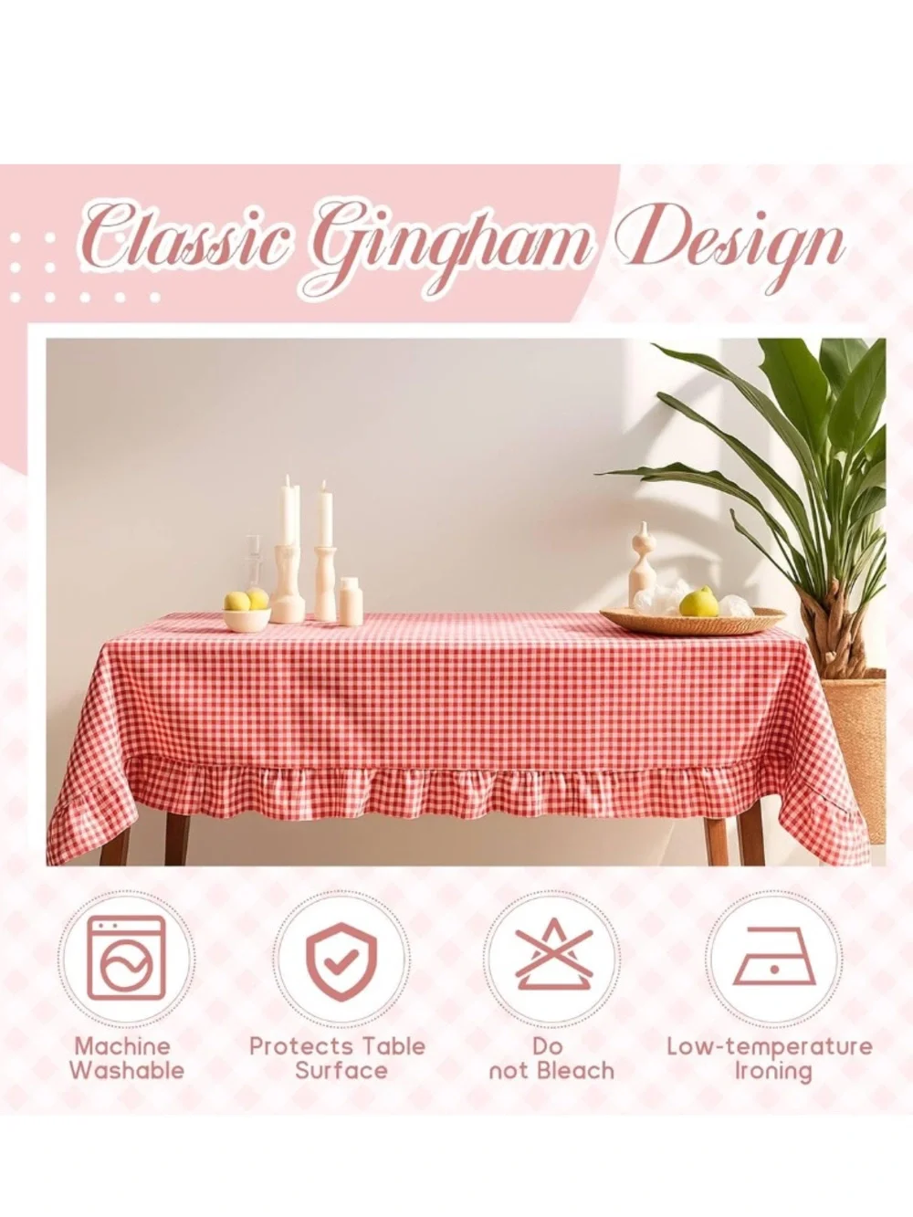 Vintage Farmhouse Tablecloth RECTANGULAR 60x120” RED & WHITE GINGHAM